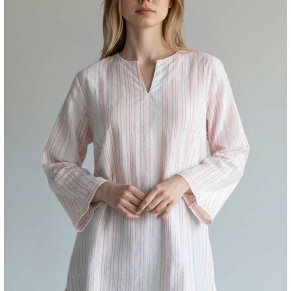 UNTUCKit Durfort Tunic Top‎ Womens 6 White Coral Striped Cotton Split Neck NWT